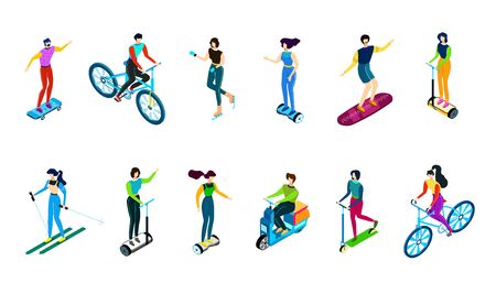 Isometric people riding bike, scooter, vehicles, vector illustration, flat characters isolated on white ski, skate, ride skateboard and gyroscooter.のイラスト素材