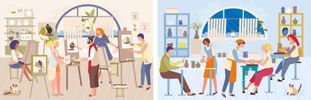 Artist master class illustration, cartoon man woman painter character training, drawing, craft...