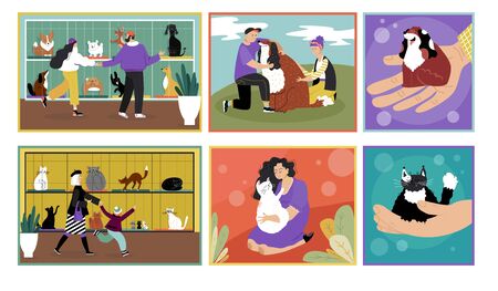 Adopt pet, dog or cat vector illustration. Cartoon happy couple characters, family people rescue, love and hug, adopting cute kitten puppy in animal shelter. Flat adoption homeless pet banner setのイラスト素材