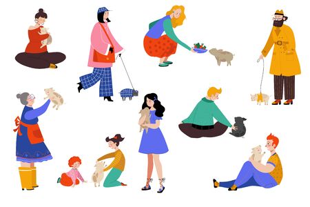 People pet pig owner vector illustration, cartoon flat happy woman man character have fun with pig, love, hug piggy set isolated on whiteのイラスト素材