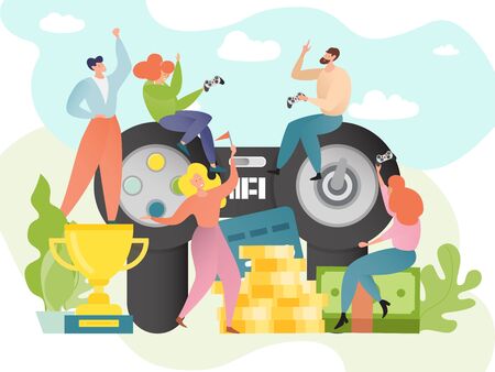Gamer play video game, cyber sport vector illustration. People gaming computer console with joystick for money and cup.のイラスト素材