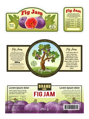 Fig jam label design, emblem sticker template, natural fruit marmalade packaging, vector illustration. Set of labels for fig jam product, sweet juicy fruit and tree on badge stamps. Organic confitureのイラスト素材