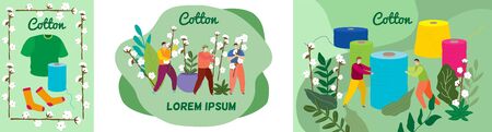 Tailor cotton thread vector illustration. Tiny cartoon seamstress, woman man tailor character holding spool thread for sewing, people with cotton branch, sock or clothes. Tailoring people banner setのイラスト素材