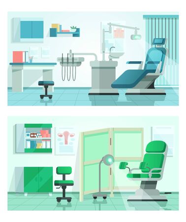 Dentist office vector illustration. Cartoon dental chair in hospital interior, modern clinic medical equipment in room cabinet. Flat dentistry medicine, office stomatology practice landing page setのイラスト素材
