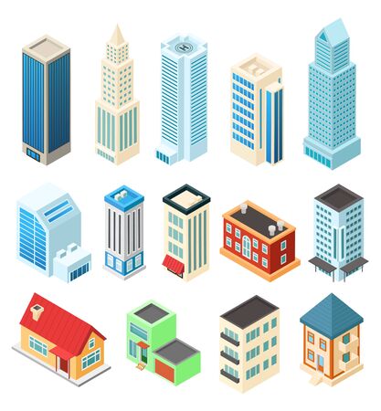 Isometric buildings set isolated on white, office skyscraper and residential house, vector illustrationのイラスト素材