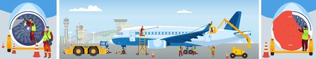 Aircraft maintenance, people clean plane at airport, professional technician team work, vector illustrationのイラスト素材