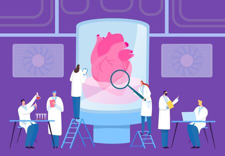 Scientist grow transplantation heart in laboratory, vector illustration. Specialist in white coats grow internal organ in large flask with liquid. Team work in computer, with chemical reagents.のイラスト素材