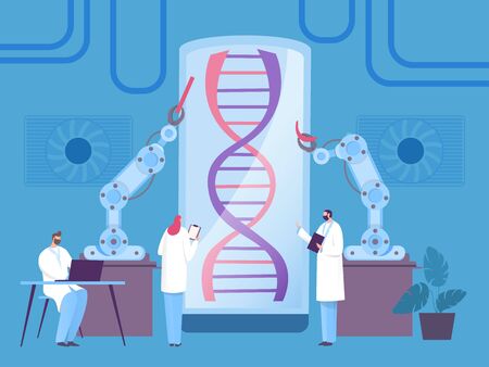 Dna research robot concept, modern biological experiment, vector illustration. Man and woman, scientist examine organism part with robot. Device make manipulation with sample, people write result.のイラスト素材