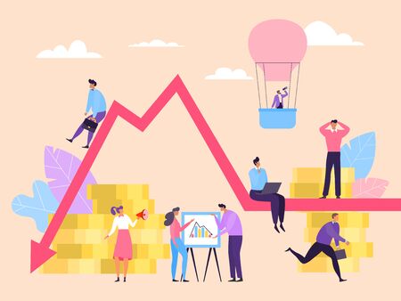 Economic down business crisis, worker panic concept vector illustration. Man and woman on chart looking for ways to solve problem income decline. Workers research statistics, work in laptop.のイラスト素材