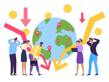 Global economy crisis, currency collapse concept vector illustration. Falling chart global economy, planet with marked places. Man and woman observe drop in production during quarantine.のイラスト素材