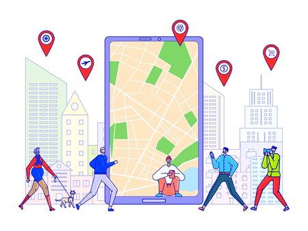 Online map navigation app concept, tiny people cartoon characters, vector illustrationのイラスト素材