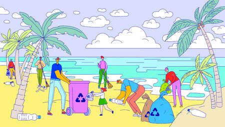 Volunteers cleaning beach, people environment activists collecting garbage together, vector illustrationのイラスト素材