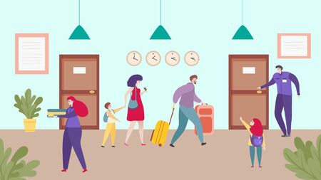 Hotel accommodation, happy family travel together, check in service people, vector illustrationのイラスト素材