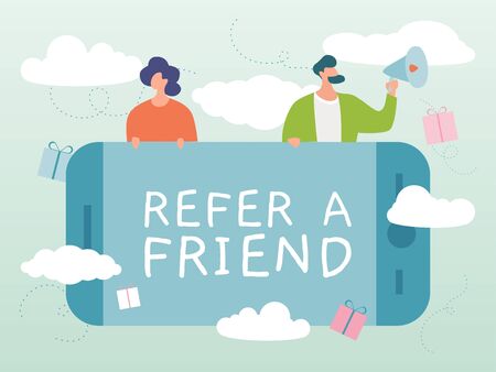 Refer friend, inscription mobile device, referral program business and attracting people, design, cartoon vector illustration.のイラスト素材