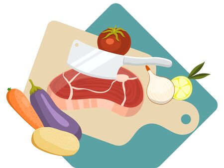 Cooking meat, vegetables food preparation isolated on white, flat vector illustration. Cutting board foodstuff product, kitchen cleaver cut steak potatoes eggplant tomato onion and carrot.のイラスト素材
