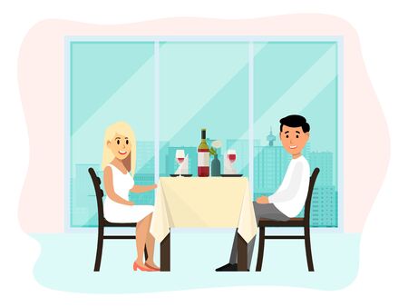 Romantic dinner lovely couple date, character male female sitting restaurant isolated on white, flat vector illustration. Lover pair talk in cozy cafe, design attractive meeting place.のイラスト素材