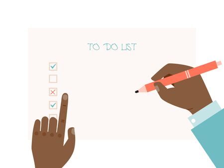 Checklist paper, hand holding pen and write to do roster isolated on white, flat vector illustration. Arm carrying pencil, male author.のイラスト素材