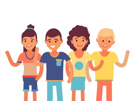 Group cheerfully westerner people character isolated on white waving hand, flat vector illustration. European female male friend salute arm, young teenager smile enjoy together meeting.のイラスト素材