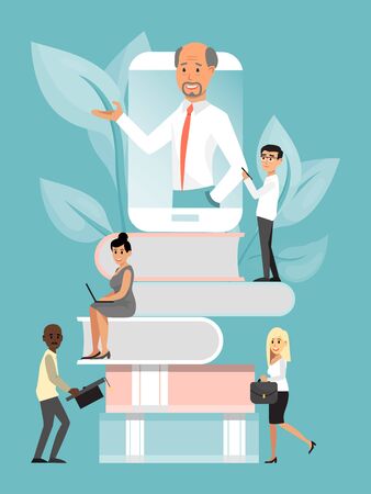 Online education, book stack with tiny character male female isolated on blue, flat vector illustration. Training business school.のイラスト素材