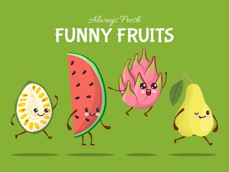 Funny fruit character jump walk, tropical food leap flat vector illustration. Watermelon, pear, dragon fruit and durian asia dish.のイラスト素材