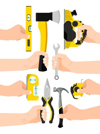 Male hand hold working tool isolated on white, flat vector illustration. Man arm carry instrument, pliers axe level ruler spanner and jigsaw.のイラスト素材