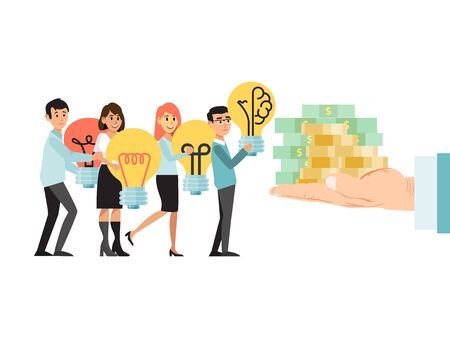 Man hand hold money gold coin, tiny character business idea isolated on white, flat vector illustration. Modern internet online fundraising.のイラスト素材