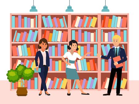 Book library, character people woman man standing volume, female male carrying pile tom flat vector illustration. Public business book depository.のイラスト素材