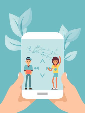 Online mobile music, hand hold mobile gadget, tiny character people dance flat vector illustration. Modern musical accompaniment.のイラスト素材