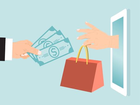 Hand hold cash money, woman arm take handbag, online shopping vector illustration. Female use gadget for buying fashionable thing internet.のイラスト素材