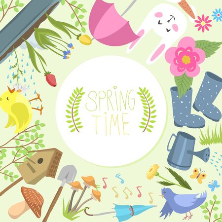 Spring time round pattern flat vector illustration. First warm day, park outdoor area, flowering plant and easter hare. Early summer weather.のイラスト素材