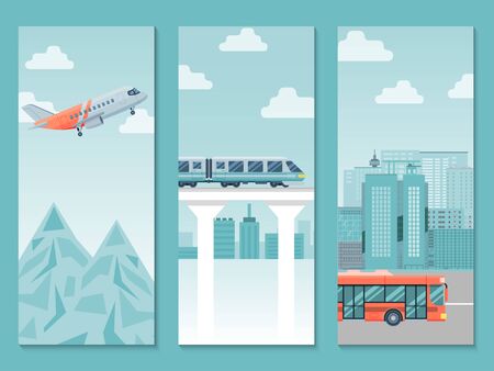 Different travel way business poster, country trip train, airplane and bus flat vector illustration. People journey around world.のイラスト素材