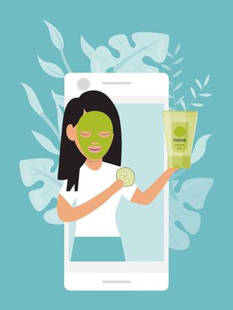 Character female online  , beauty internet blog vlog concept flat vector illustration. Woman hold skin care cream, tutorial lifestyle makeup blogging.のイラスト素材