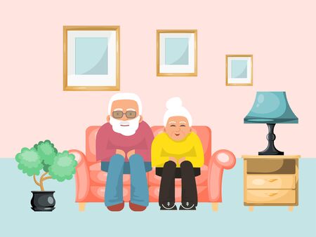 Old couple lovely male female sitting sofa, ages family evening concept relax flat vector illustration. Design cozy room.のイラスト素材