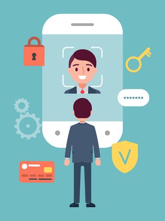 Face recognition concept poster, technology unlock mobile phone isolated on blue, flat vector illustration. Protection personal data.のイラスト素材