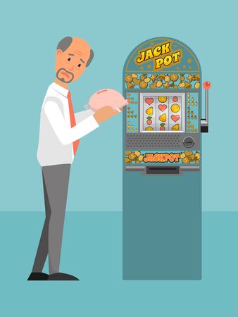 Character male lose all money gambling game, man lost cash slot machine flat vector illustration. Person break piggy bank, gambling addiction.のイラスト素材