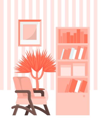 Cozy design interior home library concept room, red flat vector illustration. Bookcase with selection different book, web poster.のイラスト素材