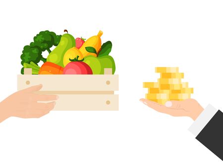 Businessman hand hold cash money, gold coin buy locally grown food isolated on white, flat vector illustration. Harvest basket vegetable fruit.のイラスト素材