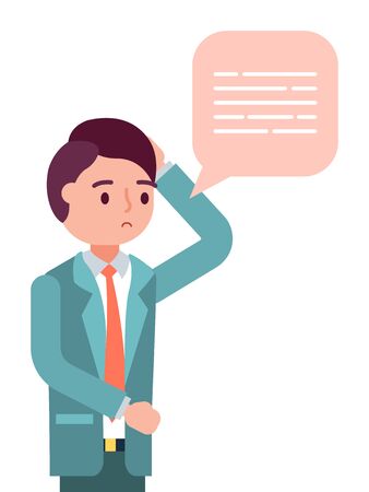 Character male person enterprise think, chat box sign isolated on white, flat vector illustration. Businessman stand hold hand on head.のイラスト素材