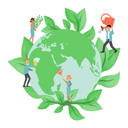 Tiny character people male female ecology activist save earth, environmental protection isolated on white, flat vector illustration.のイラスト素材