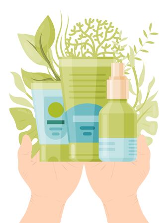 Person hand hold eco friendly organic cosmetic isolated on white, flat vector illustration. Health care cream structure, body skin maintenance.のイラスト素材
