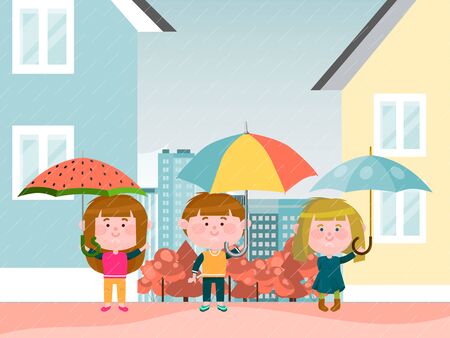 City rainy weather character male female kid joy street, child hold umbrella flat vector illustration. Urban bad meteorological condition.のイラスト素材