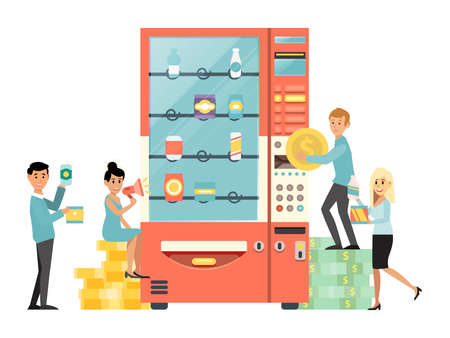 Tiny male female character person use vending machine, people hold stack money cash gold coin and dollar isolated on white, flat vector illustration.のイラスト素材