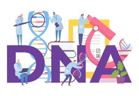 Dna research with gene in laboratory, vector illustration. Biothenology science work, man woman character study moleculeのイラスト素材