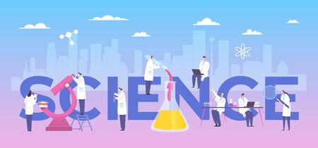 Clinical research laboratory drug, doctor teamwork vector illustration. Man and woman in medical gown conducting experimentのイラスト素材