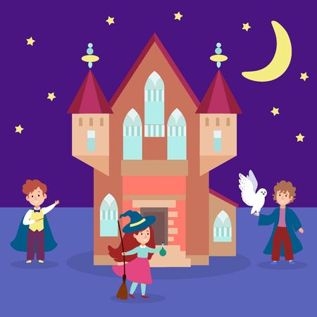 Magic castle building young people character wizard kid sorcery university flat vector illustration. Spell material fortress, miracle wand staff cozy stronghold place, child hold white owl.のイラスト素材