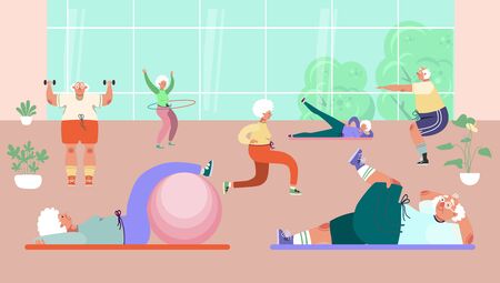 Old people group doing exercises in gym, vector illustration. Healthy activity for senior man woman character, sport and fitness workout. Exercises with ball, dumbbells, hula hoops and rug.のイラスト素材