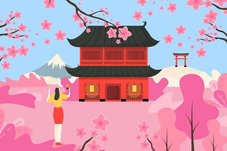 Woman character travel asian mountain japan, female take photo use smartphone and mobile phone flat vector illustration.のイラスト素材