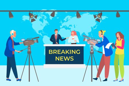 Breaking news concept vector illustation. Television studio broadcasts program. Group operators recording video on cameras.のイラスト素材