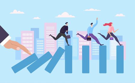 Business finance crisis, hold push domino effect business people running flat vector illustration. Concept industry company banner.のイラスト素材