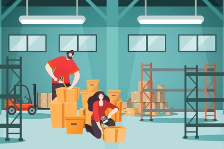 Moving house couple family, vector illustration. Man woman character pack cardboard box at home apartment, happy people relocationのイラスト素材